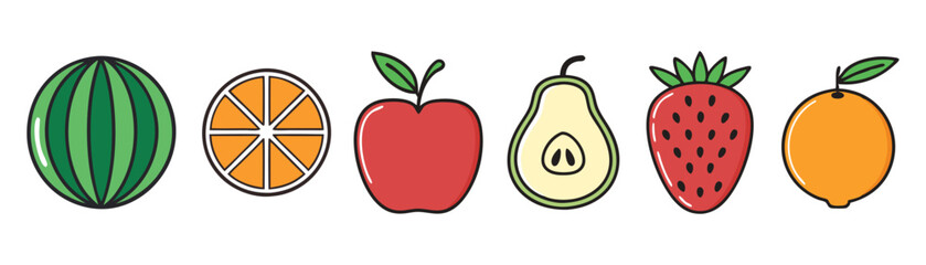 Set of Fruits Vector, Orange, Apple, Avocado, watermelon, and Strawberry