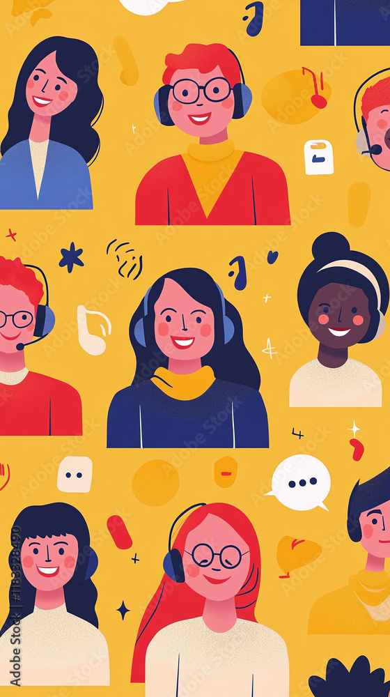Aufkleber funny flat vector pattern of cheerful avatars in customer service roles interacting with clients.
