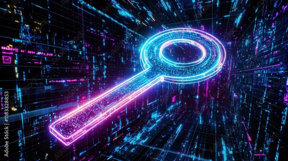 Poster a vibrant, digital search icon surrounded by glowing data streams, symbolizing technology and inform