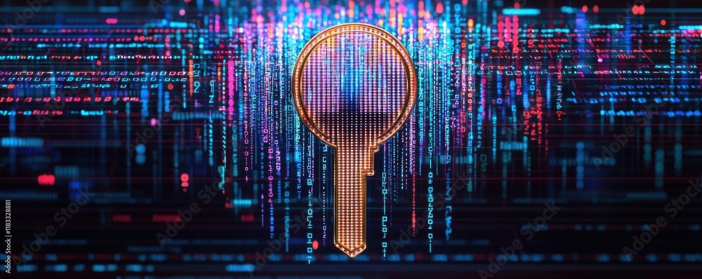 Poster a digital key icon surrounded by vibrant data streams, symbolizing security, encryption, and access 