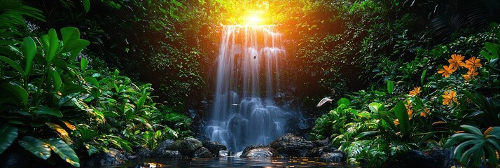 Fototapeta premium Serene Waterfall Cascading Through Lush Tropical Foliage