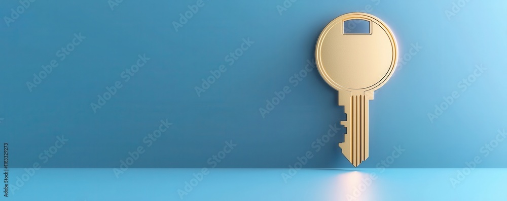 Poster a shiny gold key rests on a smooth blue surface, symbolizing security and access, with light illumin