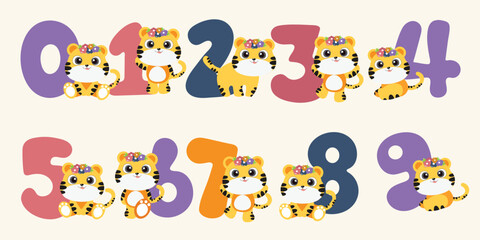 Cute Cartoon Tigers with Numbers Illustration