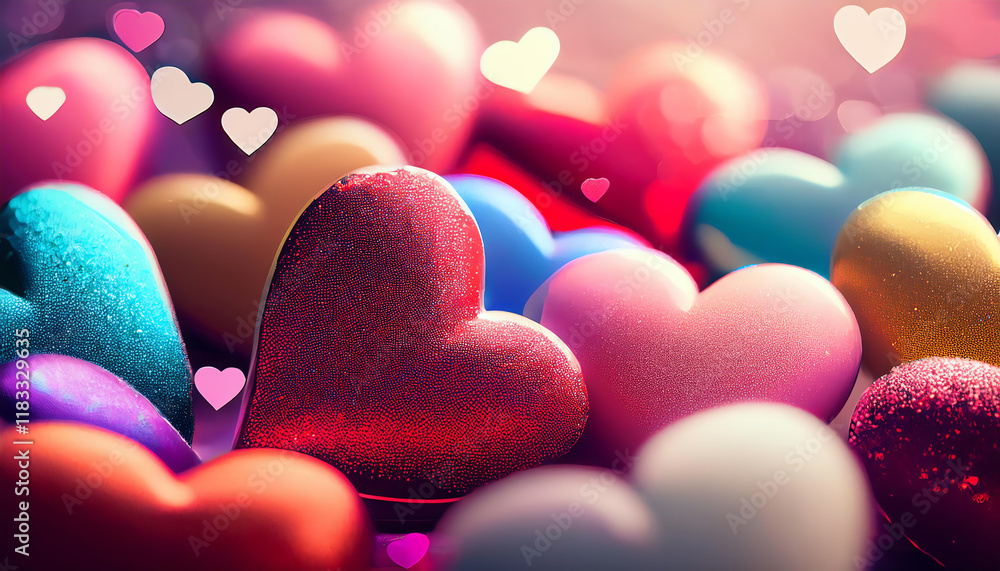 Poster a colorful array of heart shapes in various sizes, symbolizing love and affection, set against a dre