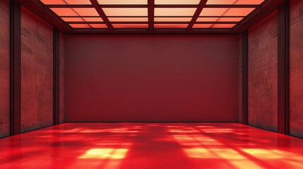 Fiery red lit colonial room, blank wall, glowing resin floor, translucent ceiling, minimalist aesthetic.