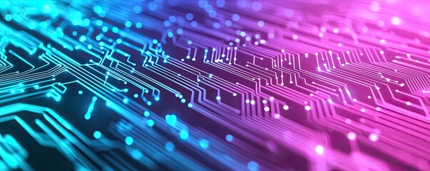 Matrix abstract background idea. Abstract circuit board design with vibrant blue and pink lighting effects.
