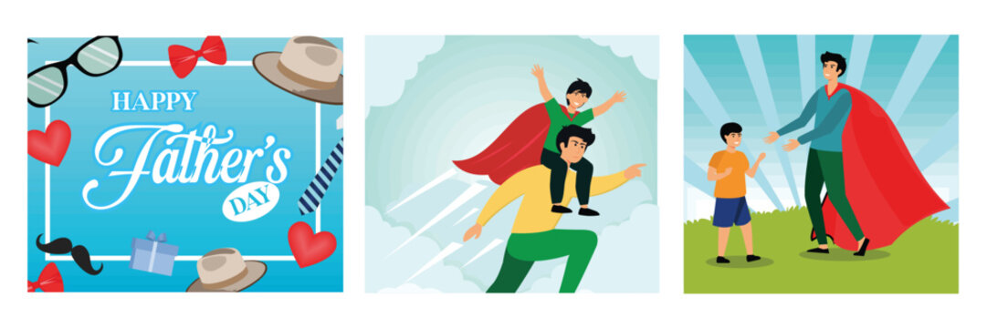 PrintHappy Father's Day greeting card. Father in superhero costume carries his son on his shoulders. Superhero Happy Father's Day with his son. Set flat vector modern illustration - Powered by Adobe
