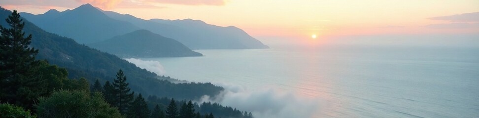 Fototapeta premium A misty morning with fog rolling in over the mountain near the bay, scenery, mist
