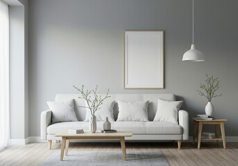 Minimalist living room design showcasing a comfortable sofa, accent chair, and statement artwork