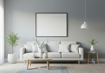 Modern living room with gray sofa, armchair, coffee table, and large framed artwork on a gray wall