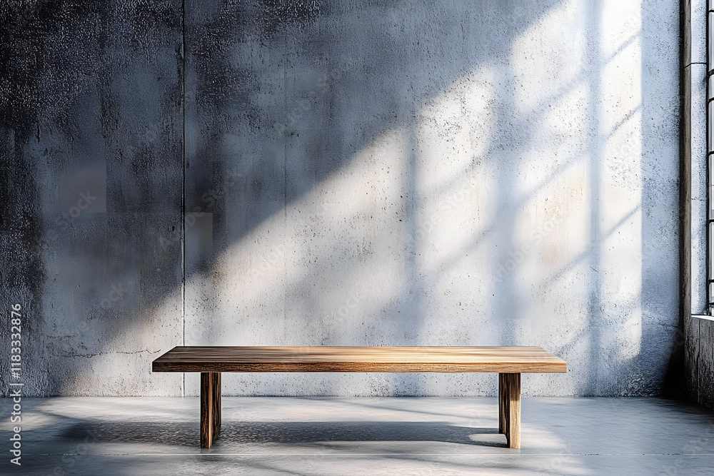 Aufkleber an empty studio scene with concrete walls and a wooden table set against a minimalist backdrop
