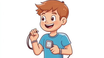 Obraz premium a 2D cartoon illustration of a person checking their pulse after running, monitoring fitness, white background--ar 16:9