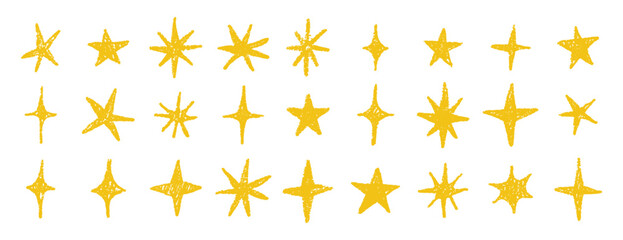 gold chalk crayon doodle stars set. Shine and sparkle hand drawn drawing collection. Children style yellow wax pencil elements. Grunge texture star shapes.