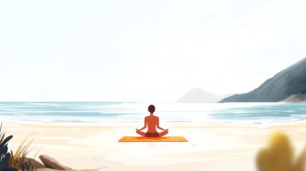 Fototapeta premium a 2D cartoon illustration of a person practicing deep breathing, stress relief and relaxation, white background--ar 16:9