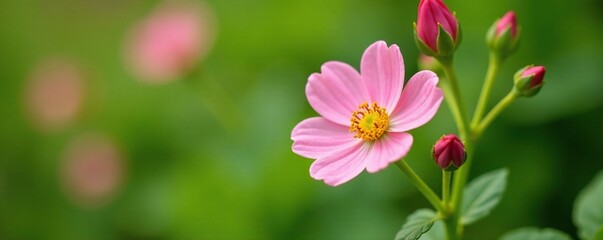 Fototapeta premium delicate pink flowers bloom on a yellow stem with green foliage and tightly closed bud, color, yellow, buds