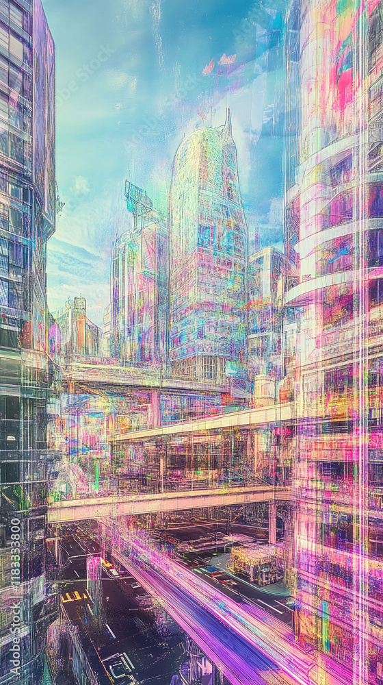 Aufkleber neural network-inspired design representing diverse systems in a colorful urban environment.