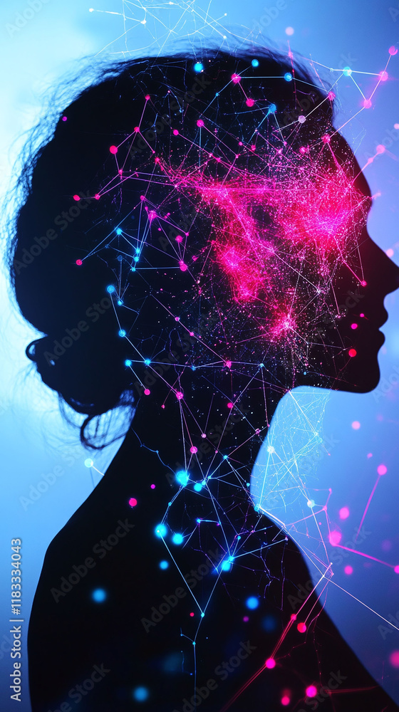 Poster neural network graphics combined with elegant silhouettes in a professional tech setting.