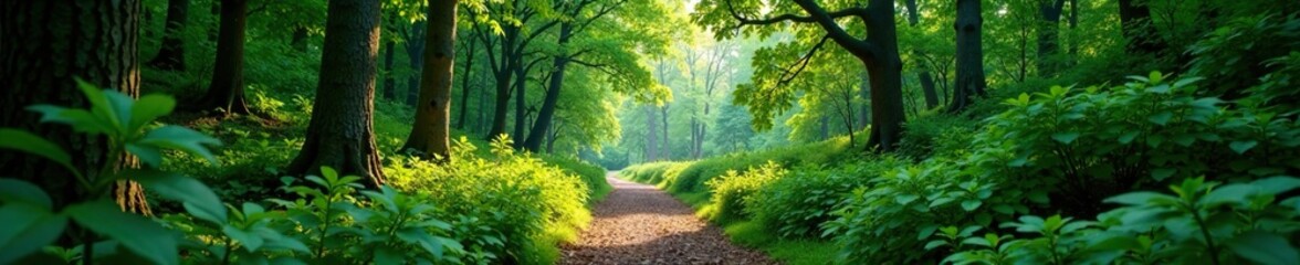 Obraz premium Dense foliage surrounds a winding forest path, forest, scenery, branches