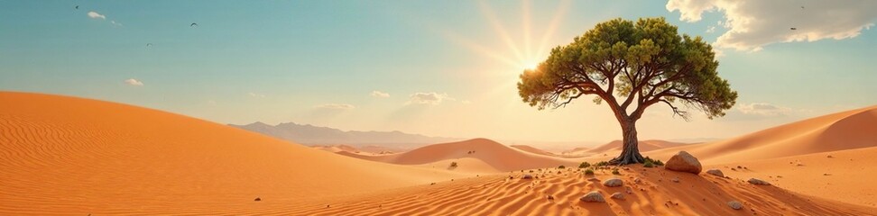 Desert landscape with a solitary tree sending out distress signals, alarm, sand, tree