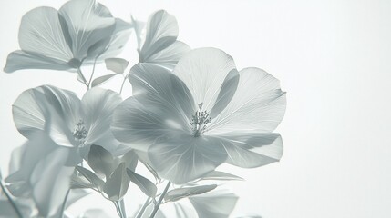 Close-up of delicate, monochromatic flowers against a bright background.