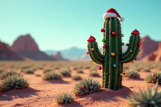 Desert Christmas cactus adorned with ornaments, Ornaments, desert landscape