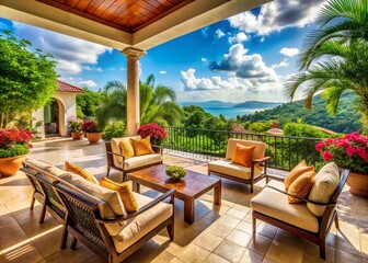 Obraz premium Panoramic Luxury Villa Terrace with Comfortable Armchairs