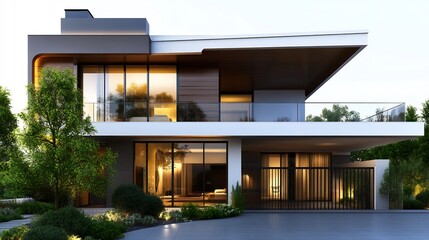 Fototapeta premium Spectacular Modern House Exterior Design at Dusk