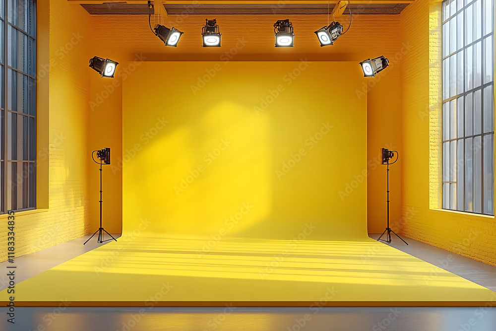 Poster a 3d rendering of an empty photo studio with yellow room background, spotlight, and blank display, c