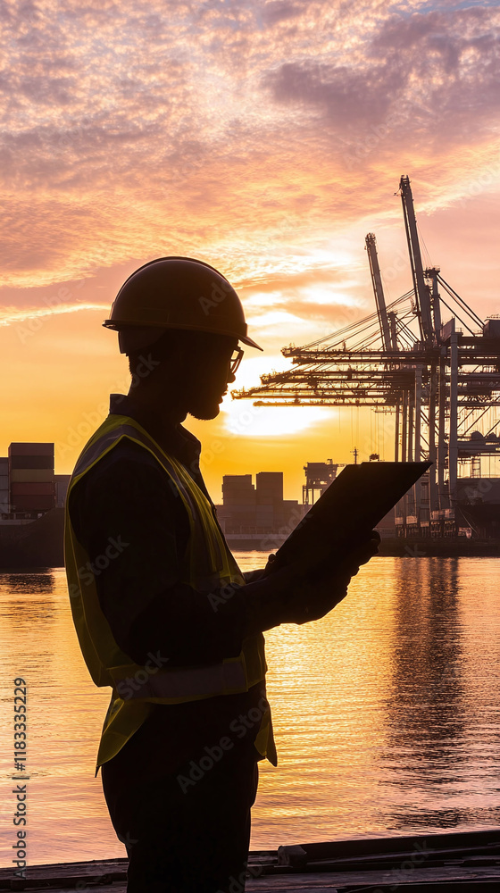 Poster silhouette of a logistics manager optimizing sustainable processes with advanced tools.