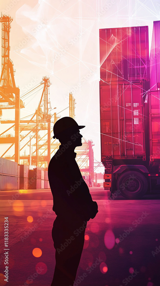 Poster silhouette of a logistics manager optimizing sustainable processes with advanced tools.