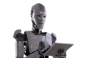 the robot is holding a tablet isolated on white background PNG.AI GENERATED