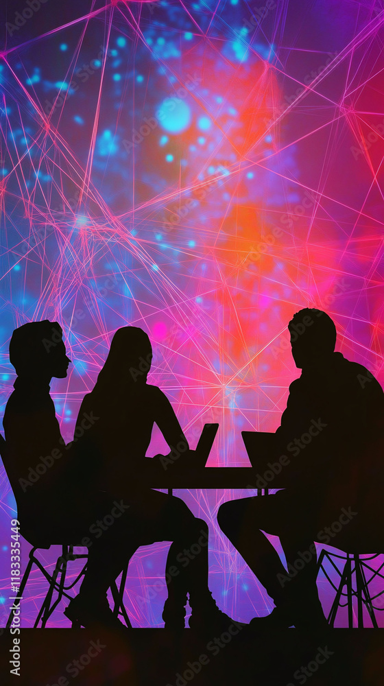 Poster silhouette of colleagues brainstorming in an office with technology-inspired background art and neur