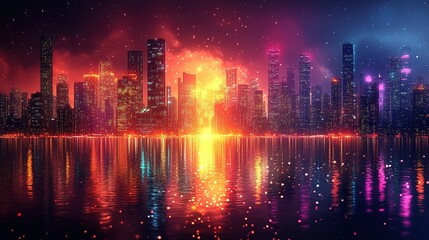 Vibrant Cityscape Reflecting In Calm Night Water