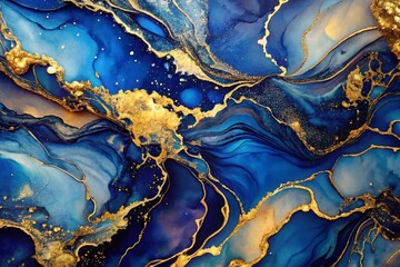 Obraz premium Panoramic Navy Blue & Gold Alcohol Ink Wall Art Print - Abstract Texture