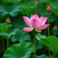 Green lotus stem with pink lotus flower buds emerging, lotus flowers, growth, stems