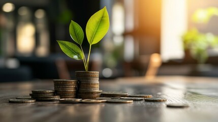 A plant sprouting from a stack of coins, symbolizing sustainable financial growth