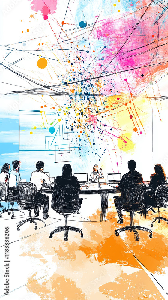 Poster sketch of a tech-focused team in a meeting with a digital concept of diversity and energy flow.