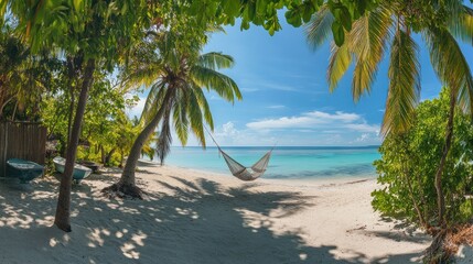 Obraz premium Tropical beach hammock relaxation, paradise island, vacation getaway