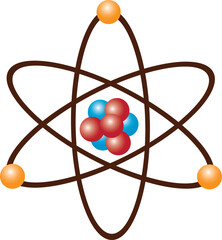 atom structure model. nucleus of protons and neutrons. orbital electrons. vector illustration isolated on white background.