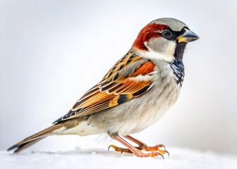 Panoramic Photo: Sparrow Perched on White Background - High-Resolution Wildlife Image