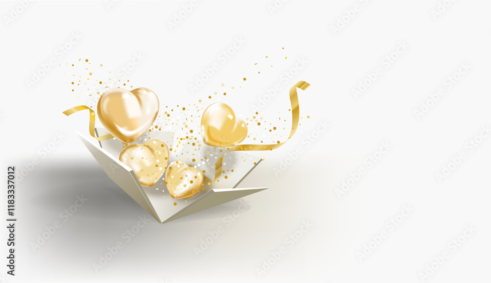 Poster 3d realistic heart shape in open gift box and ribbon with glitter light effect decoration and bokeh.