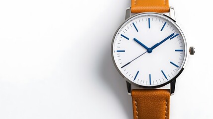 Stylish wristwatch with tan leather strap and white face, isolated on white background.