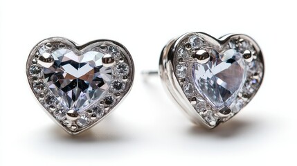 A pair of heart-shaped earrings with a sparkling gem, isolated on white