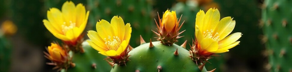 Prickly yellow flowers on a thick cactus stem, megacantha, thick, flower