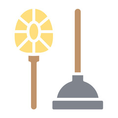 plunger and toilet brush icon in flat color style