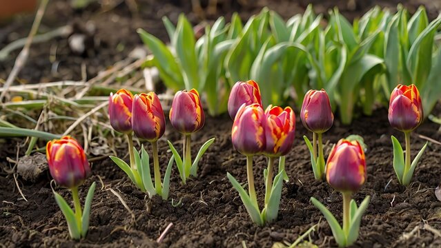 Sprouting tulip bulbs in early spring garden - Powered by Adobe