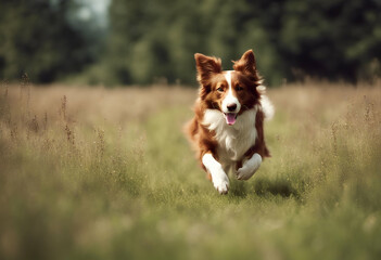 red collie running meadow dog pet play freedom space toning eye close walking summer jumping playful sport grass
