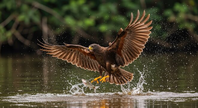 Sunbittern spreading its wings in a shallow Amazon stream. Highlight its intricate wing patterns with vibrant orange and black eye spots.