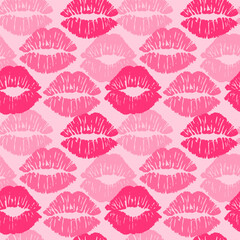Female different colors lipstick kiss isolated on pink background. Vector seamless pattern. Girly camouflage.