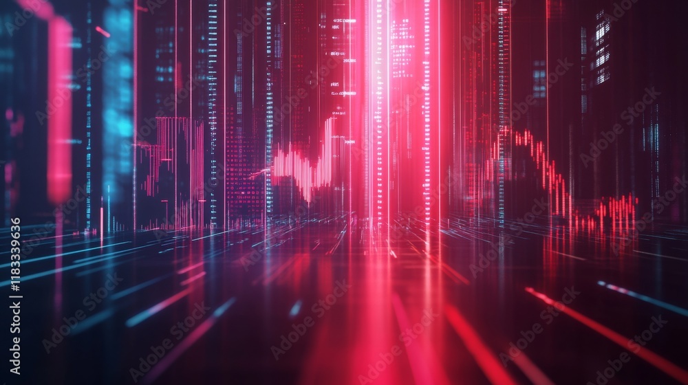 Fototapete a futuristic digital landscape with vibrant red and blue light streams, resembling data visualizatio